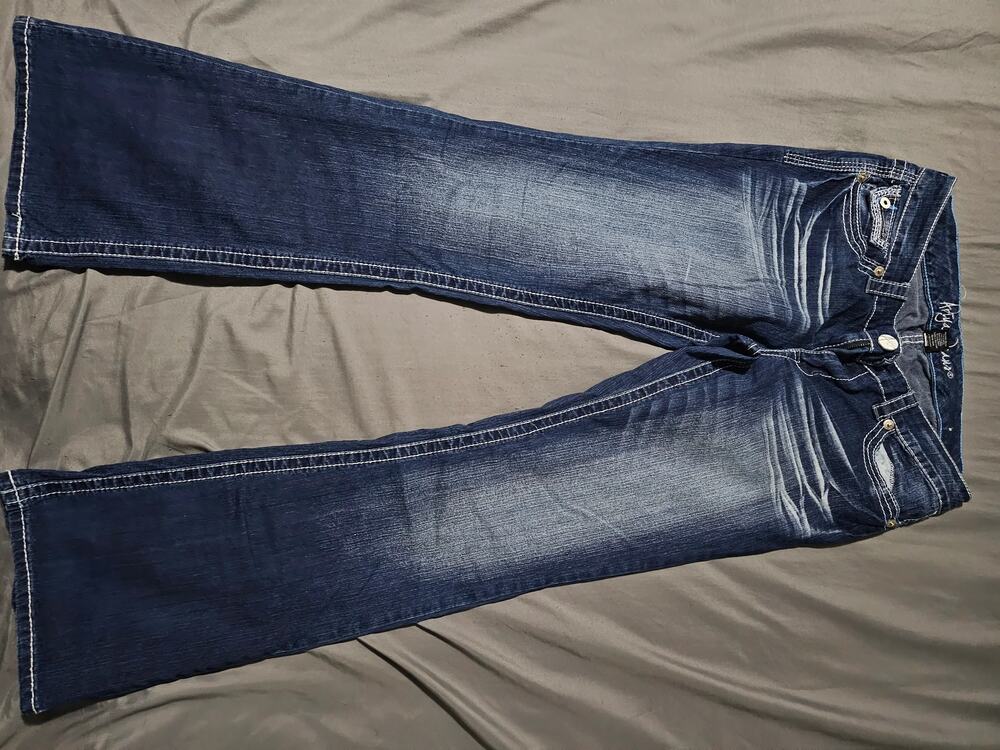 KUT from the Kloth dark wash bootcut jeans contrast stitching faded whiskering